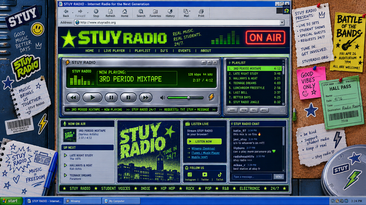 Website mood board: a Y2K-style browser window with a green-on-black Winamp-esque player, playlist, and live chat sidebar, pinned to a corkboard with school flyers and sticky notes