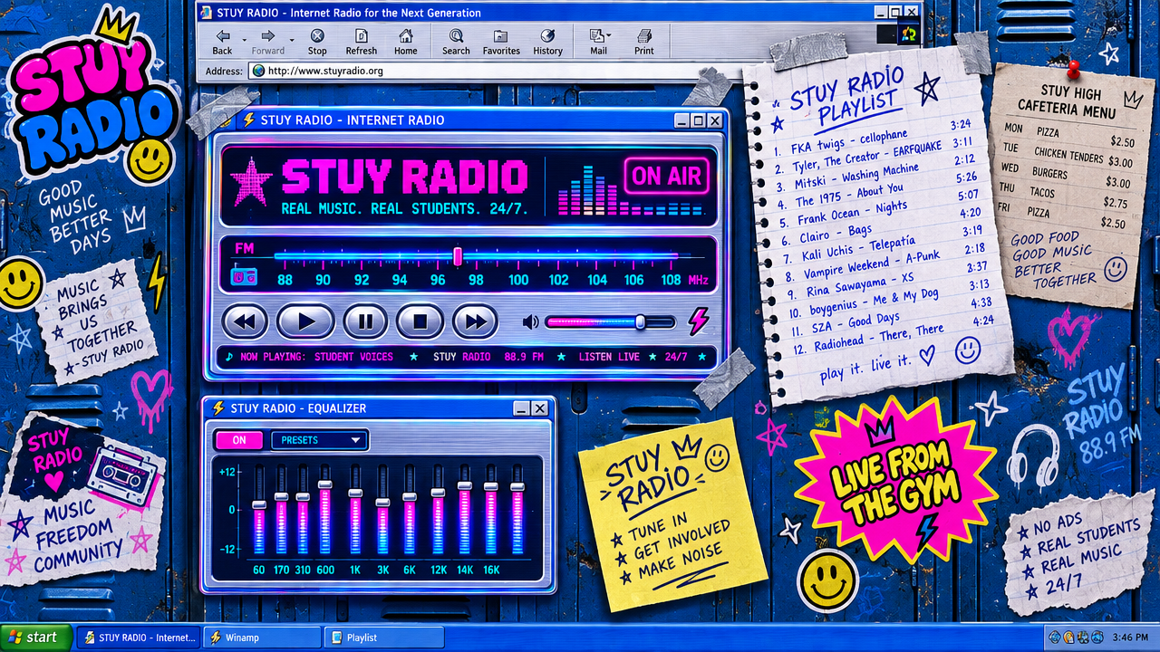 Website mood board: a pink-and-blue FM-tuner-styled radio player with a track playlist, over a school-locker background with tape and doodles
